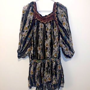 Medium Free People Multi-Color Floral Printed 3/4 Puffy Sleeve Blouse